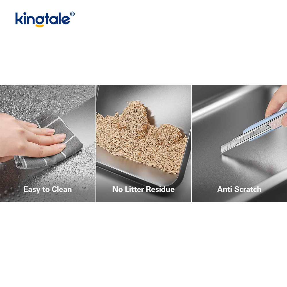 Caja de arena para gatos de acero inoxidable con pedal, bandeja de arena metálica de lado alto, nunca