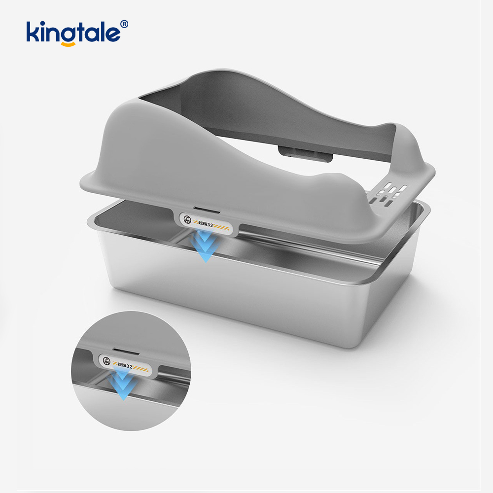 Caja de arena para gatos de acero inoxidable con pedal, bandeja de arena metálica de lado alto, nunca