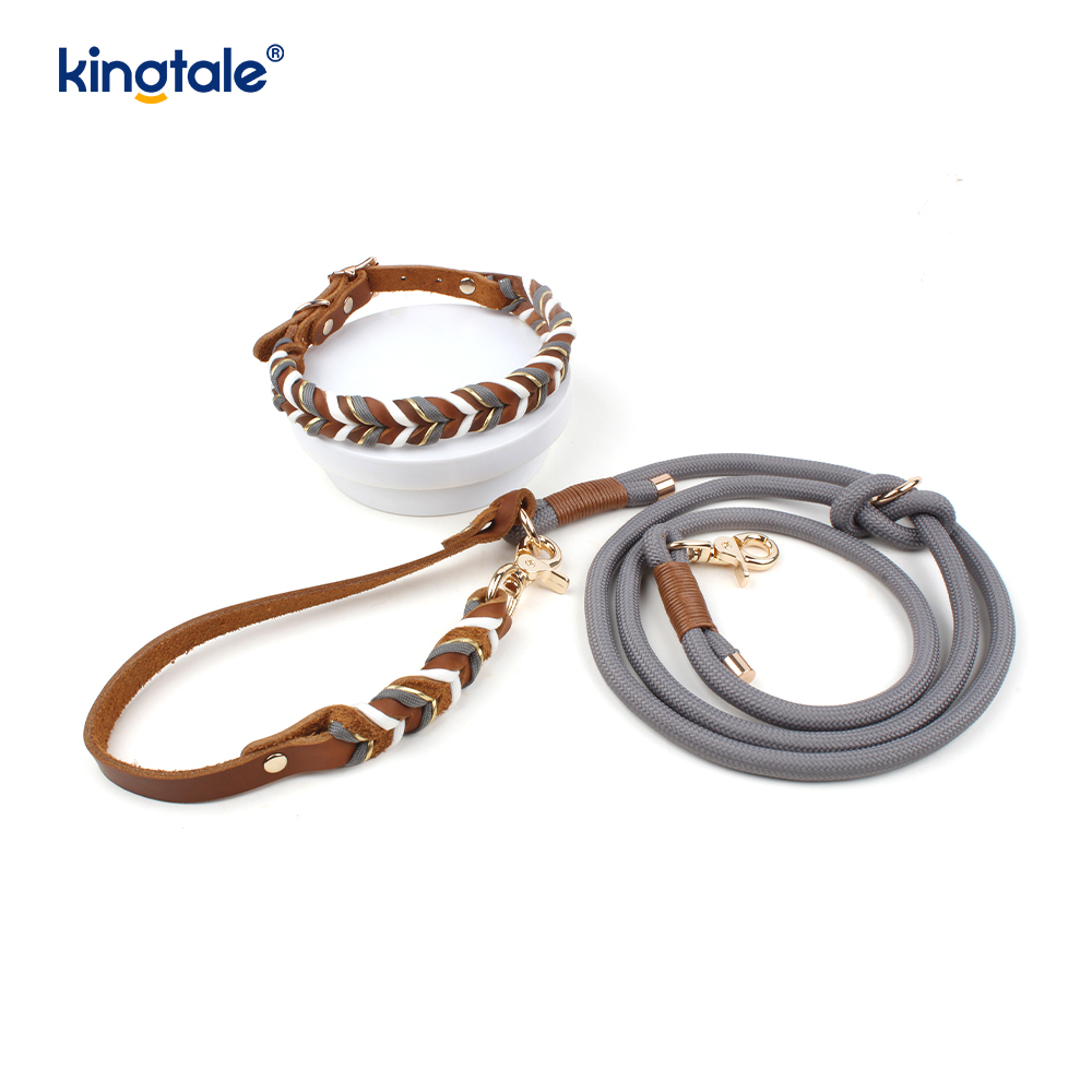 Collares y correas para mascotas de cuero genuino Juego de collar y correa de cuerda para perros
