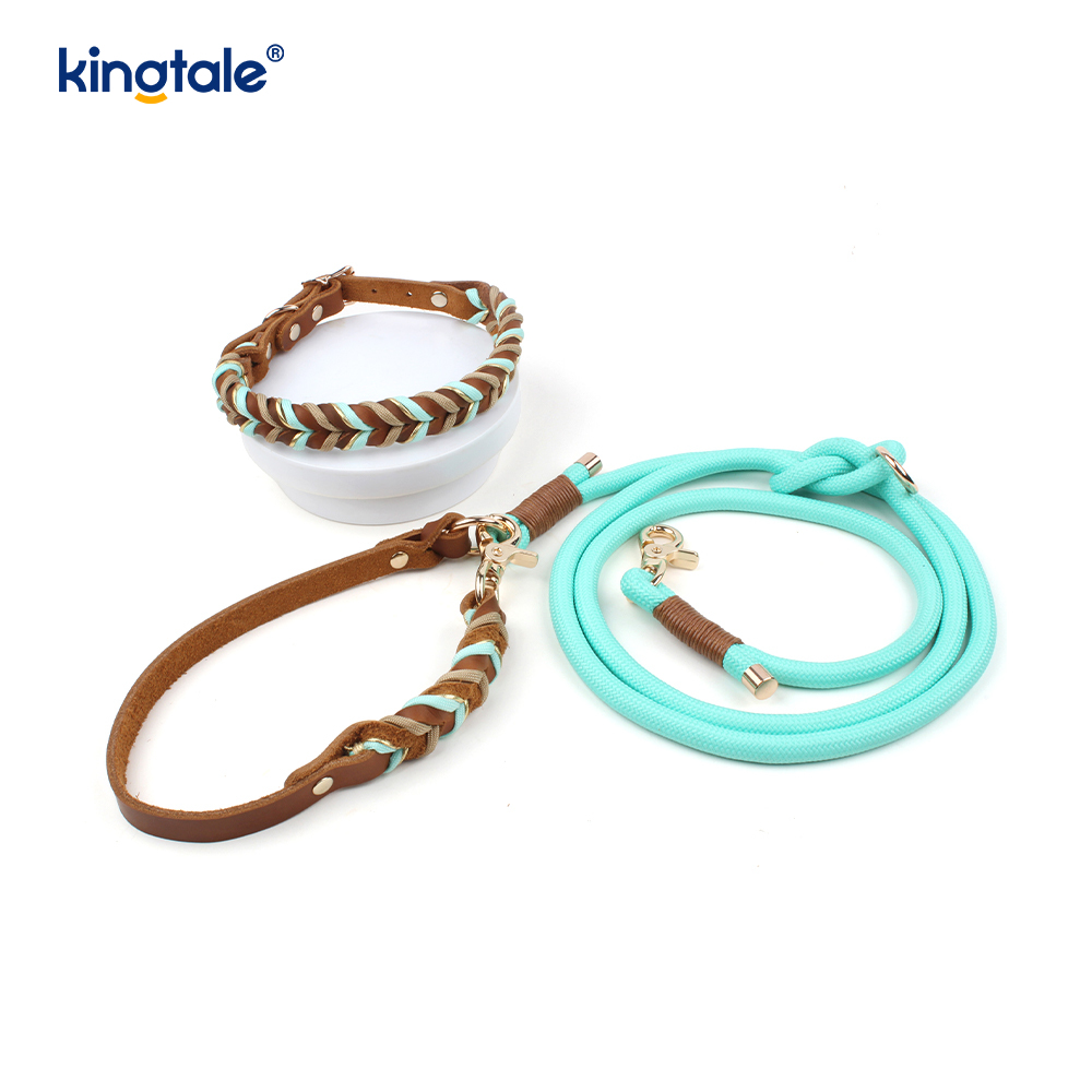 Collares y correas para mascotas de cuero genuino Juego de collar y correa de cuerda para perros