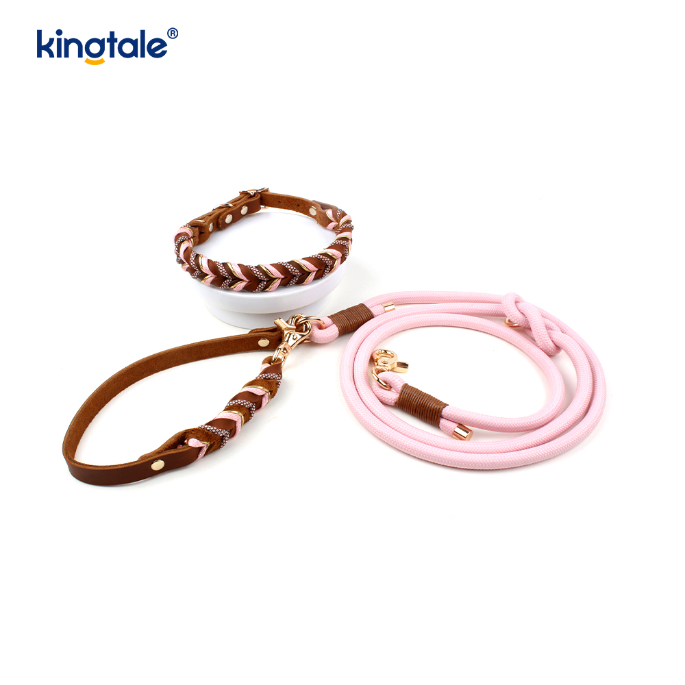 Collares y correas para mascotas de cuero genuino Juego de collar y correa de cuerda para perros