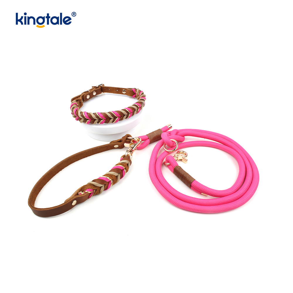 Collares y correas para mascotas de cuero genuino Juego de collar y correa de cuerda para perros