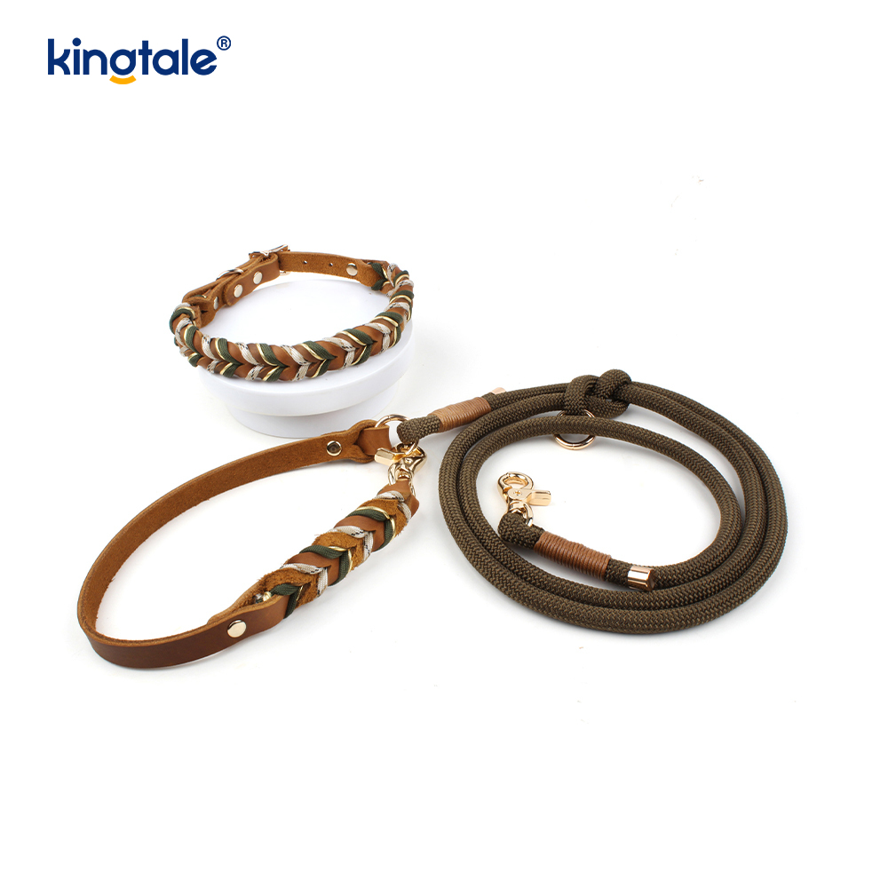 Collares y correas para mascotas de cuero genuino Juego de collar y correa de cuerda para perros