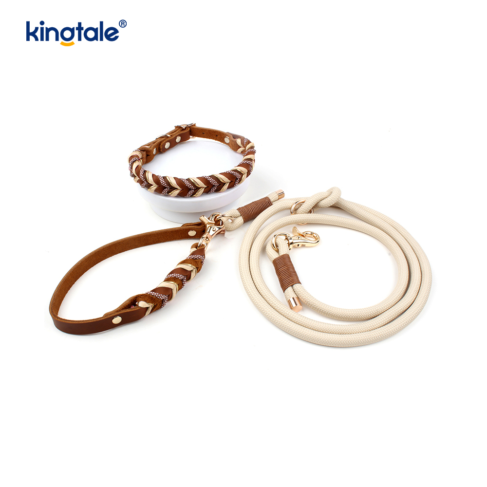 Collares y correas para mascotas de cuero genuino Juego de collar y correa de cuerda para perros