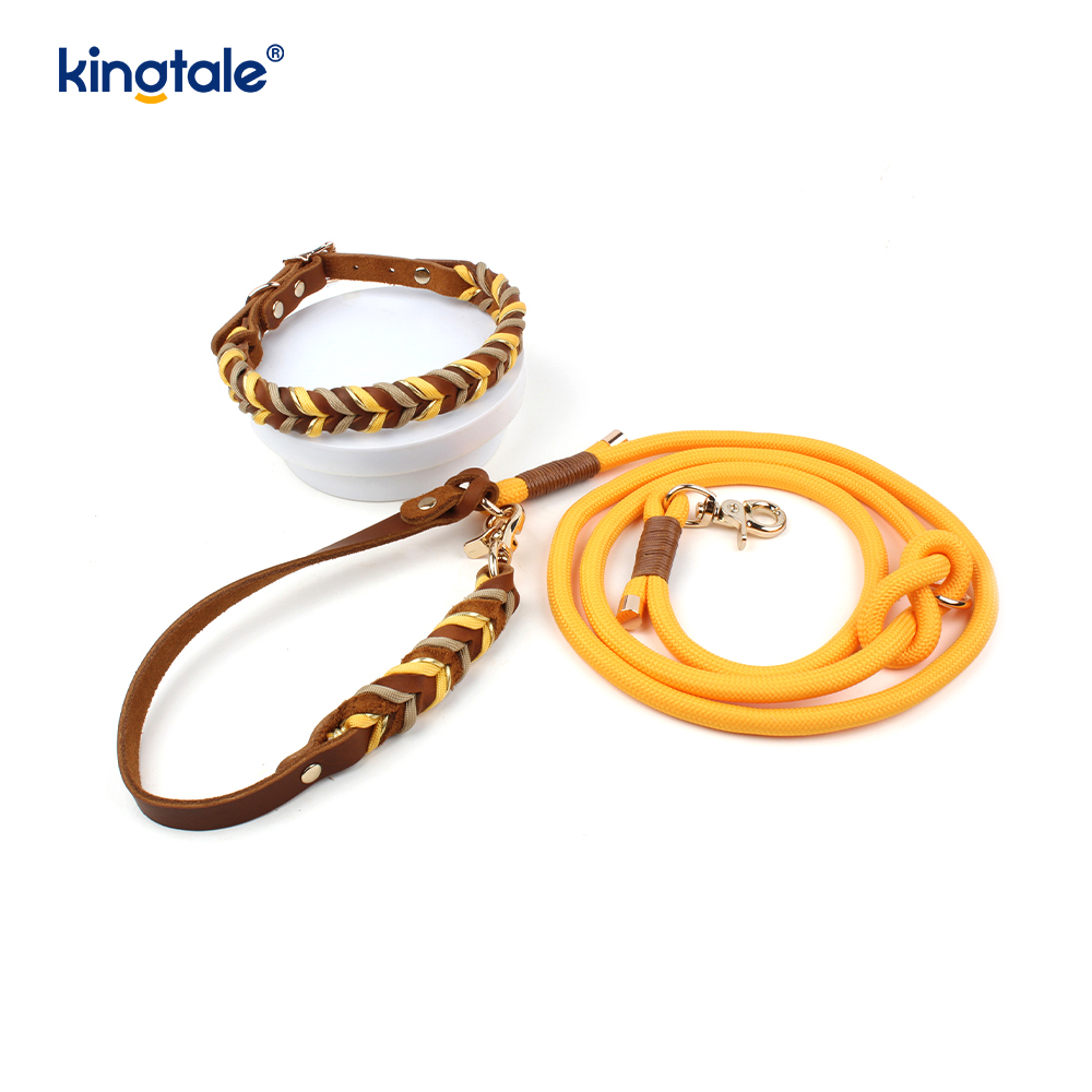 Collares y correas para mascotas de cuero genuino Juego de collar y correa de cuerda para perros