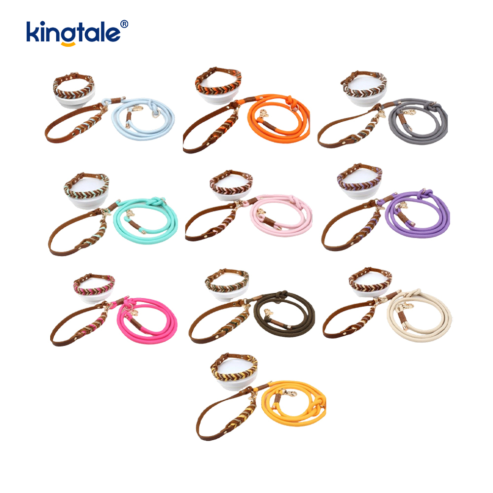 Collares y correas para mascotas de cuero genuino Juego de collar y correa de cuerda para perros