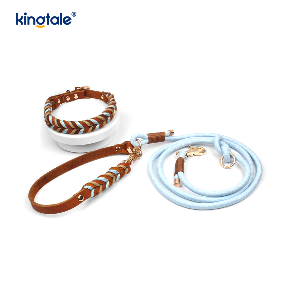 Collares y correas para mascotas de cuero genuino Juego de collar y correa de cuerda para perros