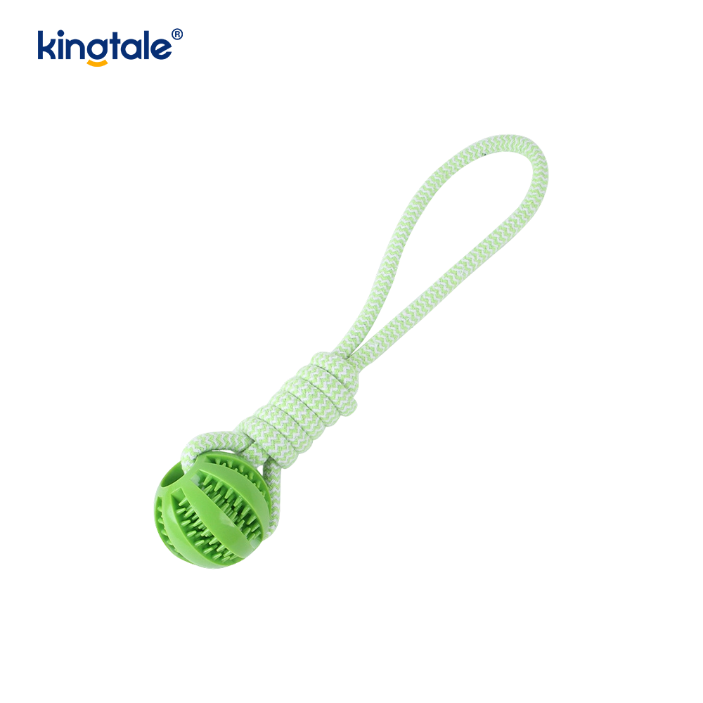 Juguete para mascotas con bola dispensadora de golosinas de goma para limpieza de dientes con cuerda de cáñamo tirada a mano