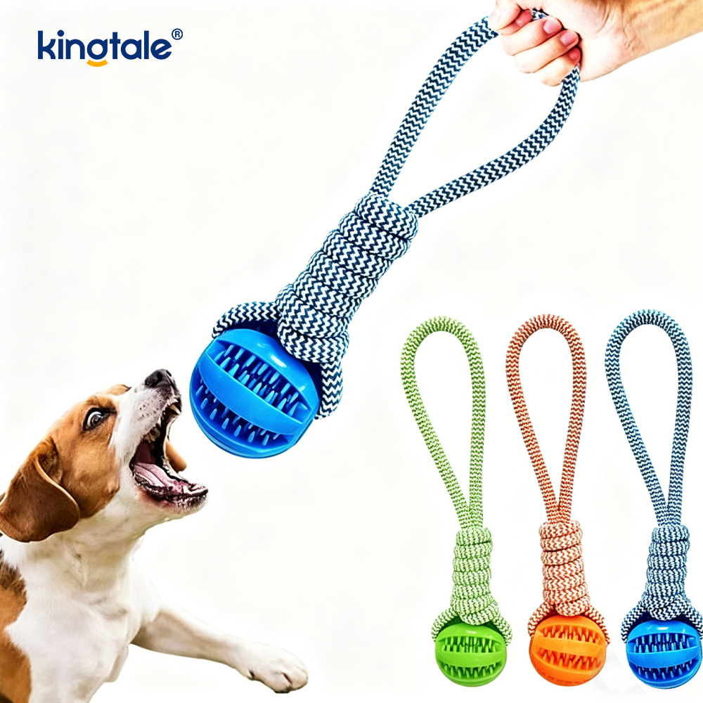 Juguete para mascotas con bola dispensadora de golosinas de goma para limpieza de dientes con cuerda de cáñamo tirada a mano