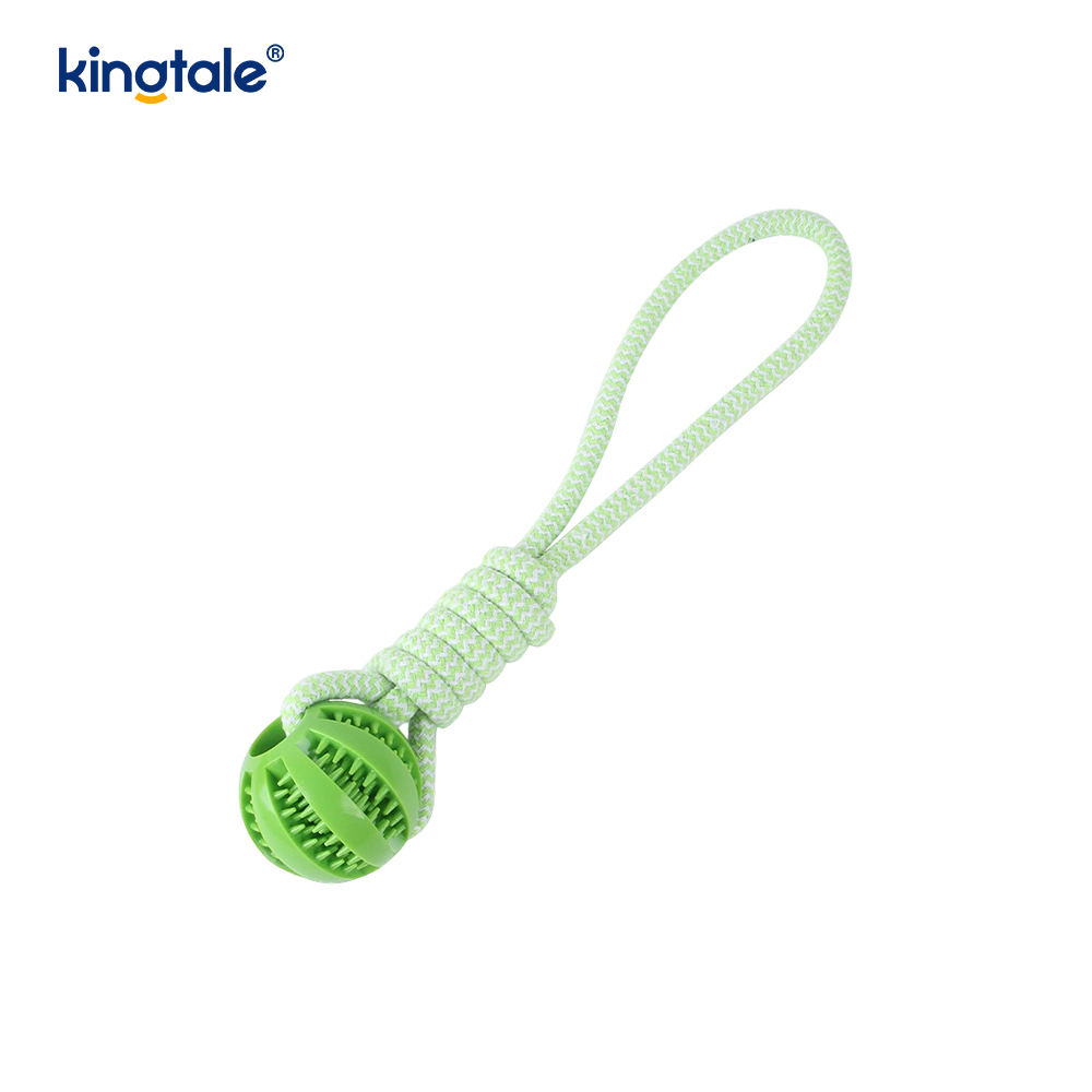 Juguete para mascotas con bola dispensadora de golosinas de goma para limpieza de dientes con cuerda de cáñamo tirada a mano