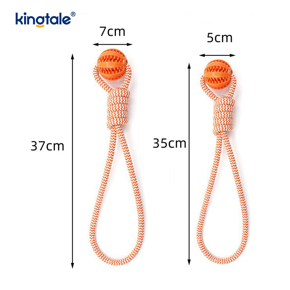 Juguete para mascotas con bola dispensadora de golosinas de goma para limpieza de dientes con cuerda de cáñamo tirada a mano