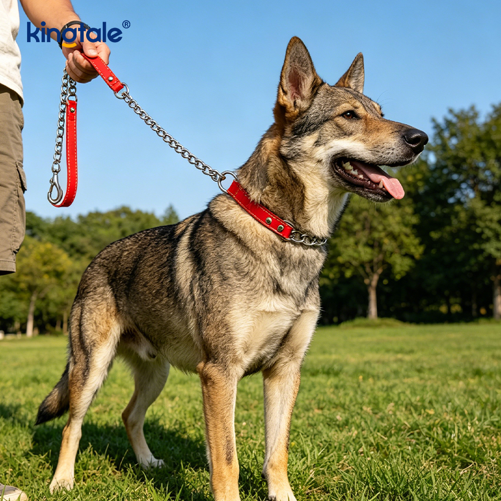 Cadena de perro de correa de perro de metal resistente con mango de PU para mediano grande